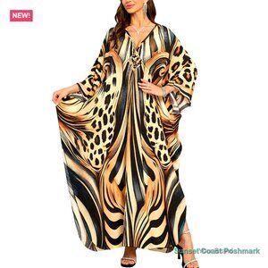 Animal Print Kaftan Maxi Dress Kimono Beach Cover Up Loungewear Black Cream